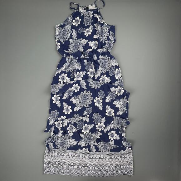 Blue Rain Navy Floral Maxi Dress Halter Neck Boho Summer Size M - Picture 1 of 7